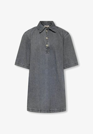 Abito in denim grigio antracite a maniche corte con colletto e tre bottoni frontali.