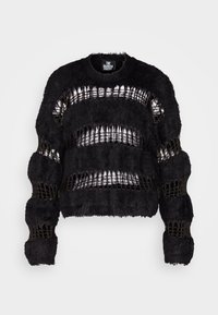 Black knitted sweater with a textured, fluffy fabric featuring cut-out horizontal stripes. Round neckline, long sleeves, cropped design.