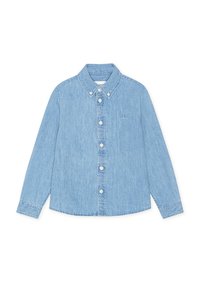 Φωτεινό γαλάζιο πουκάμισο denim με μακριά μανίκια, γιακά με κουμπιά, κλείσιμο με κουμπιά στο μπροστινό μέρος και κεντημένο λογότυπο στο στήθος. Ομαλή υφή.