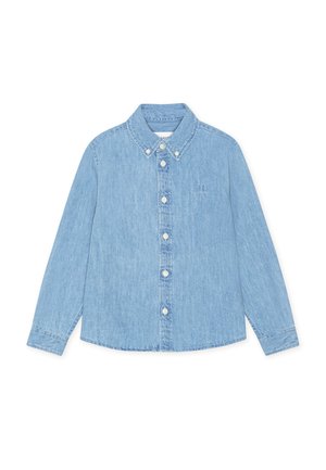 Světlomodrá džínová košile s dlouhými rukávy, límcem na knoflíky, zapínáním na knoflíky vpředu a vyšívaným logem na hrudi. Hladká textura.
