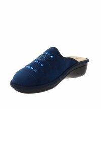 Ciabatta slip-on in suede blu scuro con tomaia imbottita, perline decorative e un leggero tacco. Presenta una suola curvata per il comfort.