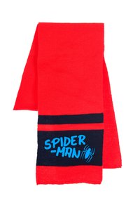 Red scarf made of soft fabric featuring horizontal navy stripes. Embroidered "SPIDER-MAN" text in blue with a spider graphic.