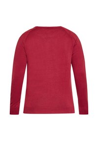 Roter Langarmpullover mit Rundhalsausschnitt, gerippten Bündchen und Saum, von hinten vor einem weißen Hintergrund gezeigt.
