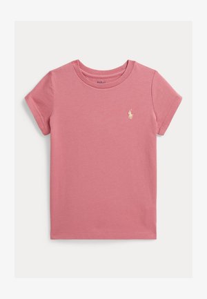 Rosa kortermet bomulls-T-skjorte med rund hals og en liten, brodert logo på venstre bryst. Glatt tekstur, klassisk passform.