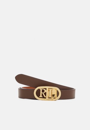 Ceinture en cuir marron avec une boucle ovale dorée ornée des lettres entrelacées "R" et "L".