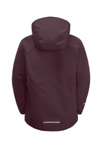 Bordeauxrote wasserdichte Jacke mit Kapuze, geradem Schnitt, langen Ärmeln und reflektierenden Akzenten auf den Schultern und am Rücken.