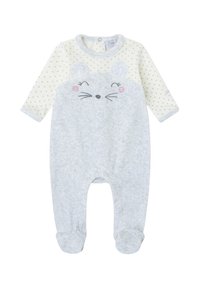 Pijama de bebé azul grisáceo suave con piernas cubiertas, mangas largas blancas con pequeños corazones grises y una cara de ratón adorable en el pecho.