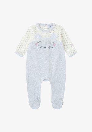 Pijama de bebé azul grisáceo suave con piernas cubiertas, mangas largas blancas con pequeños corazones grises y una cara de ratón adorable en el pecho.