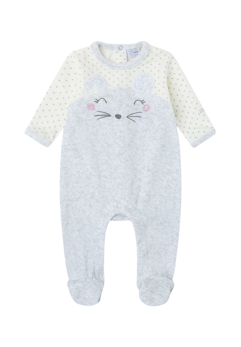 Pijama de bebé azul grisáceo suave con piernas cubiertas, mangas largas blancas con pequeños corazones grises y una cara de ratón adorable en el pecho.