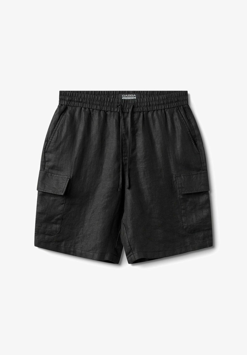 Zwarte linnen shorts met een elastische tailleband, een trekkoord aan de voorkant en twee zijcargozakken. Vlotte textuur, ruime pasvorm en lengte tot halverwege de dijen.