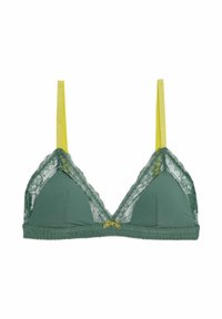 Green lace and fabric triangular bralette with yellow straps and a decorative bow at the center. Scalloped edges along the hem.