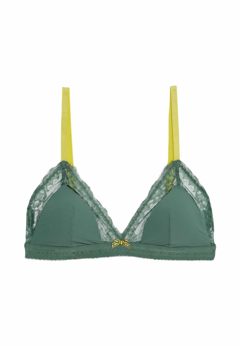 Green lace and fabric triangular bralette with yellow straps and a decorative bow at the center. Scalloped edges along the hem.