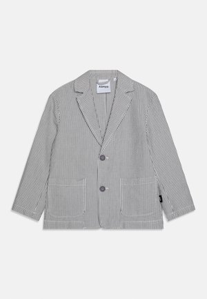 Grå og hvit blazer med vertikale striper for menn, med to knapper, hakket slag og to fremre påsatte lommer.