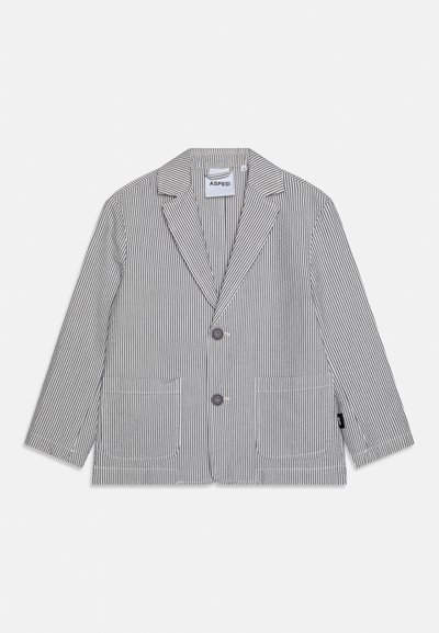 Veste pour homme gris et blanc à rayures verticales, deux boutons, col cranté et deux poches plaquées devant.