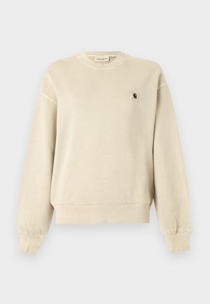 Μπεζ φούτερ με μακριά μανίκια και στρογγυλή λαιμόκοψη, με ριμπ μανσέτες και στρίφωμα, διακοσμημένο με μικρό λογότυπο Carhartt στο αριστερό στήθος.