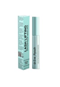 Lash lifting waterproof mascara in a light teal tube with a silver cap, accompanied by a matching box featuring black text and a QR code.