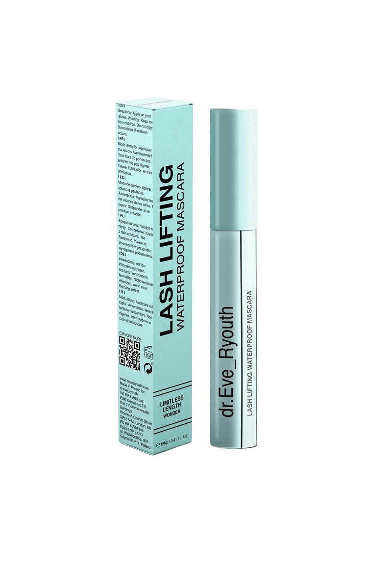 Lash lifting waterproof mascara in a light teal tube with a silver cap, accompanied by a matching box featuring black text and a QR code.