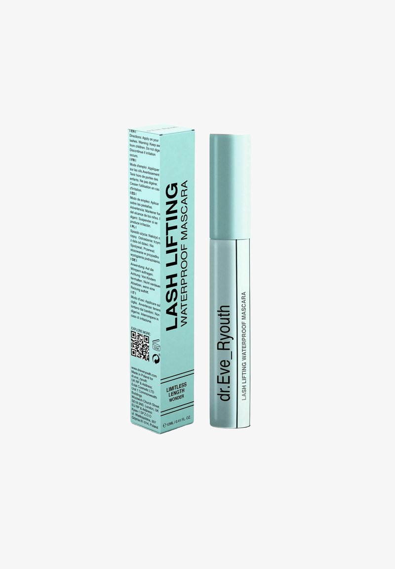 Lash lifting waterproof mascara in a light teal tube with a silver cap, accompanied by a matching box featuring black text and a QR code.