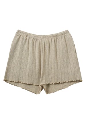 Shorts bej cu model crestat, cu talie elastică, având un tiv în formă de valuri și un model texturat. Materialul pare moale și ușor.