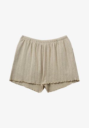 Beiga ribbade shorts med elastisk midja, med en vågformad nederkant och en texturerad mönstring. Tyget ser mjukt och lätt ut.