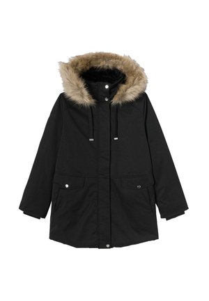 Parka noire avec une capuche doublée en fausse fourrure, deux poches avant, des cordons de serrage réglables et des fermetures à pression, présentant une texture extérieure lisse.