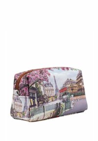 Borsetta cosmetica con zip realizzata in materiale sintetico, caratterizzata da un design di una strada parigina con fiori di ciliegio e la Torre Eiffel, in colori pastello.