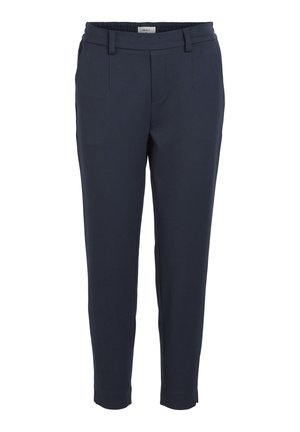 Navy bukser laget av et glatt stoff med en innsnevret design, side lommer og elastisk linning for komfort. Flat front uten mønstre.