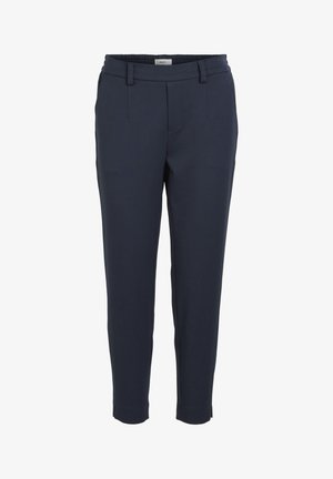 Pantalons navy en tissu lisse avec une coupe ajustée, poches latérales et une taille élastique pour le confort. Devant plat sans motifs.