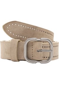 Beige velúr öv textúrált felülettel, kerek ezüst fém csattal és több állítási lehetőséggel. Tartalmaz egy hurkot a vég biztosítására.