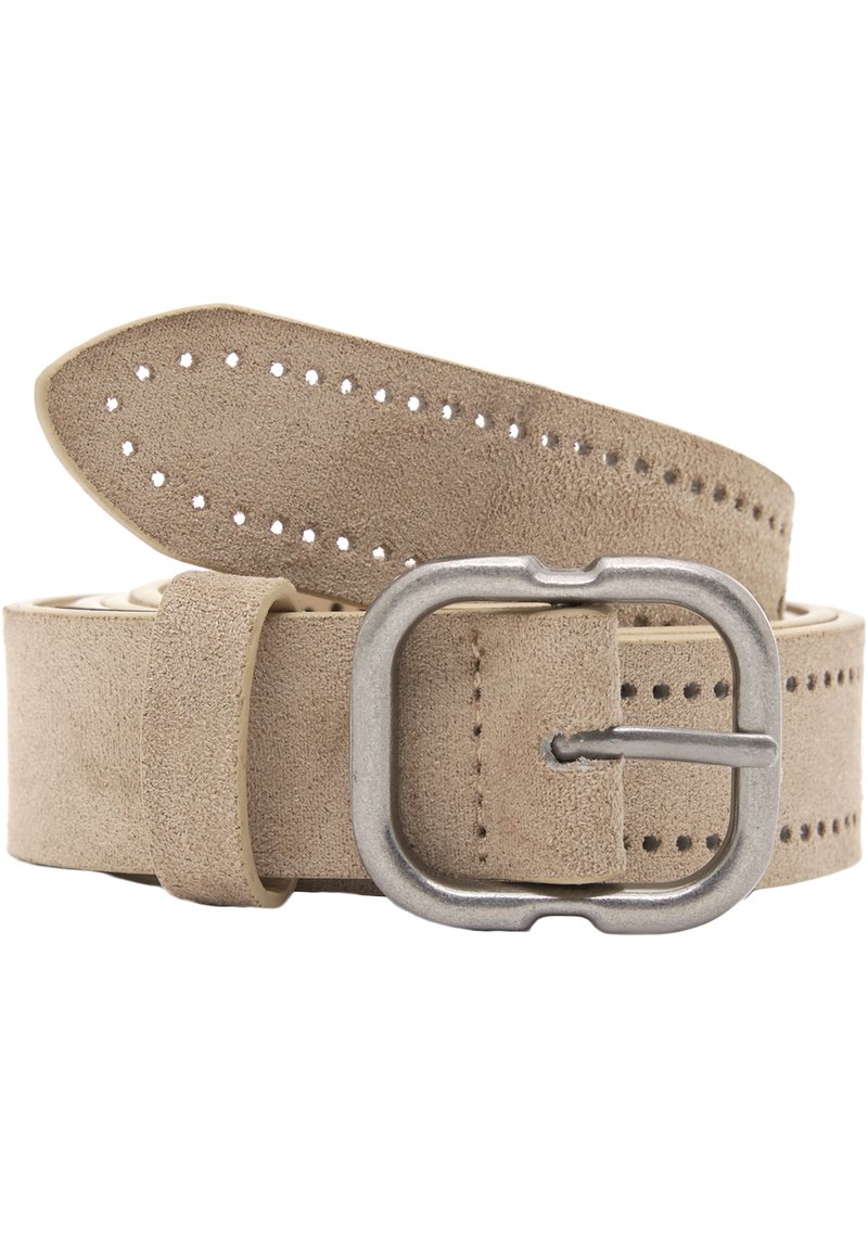 Beige velúr öv textúrált felülettel, kerek ezüst fém csattal és több állítási lehetőséggel. Tartalmaz egy hurkot a vég biztosítására.