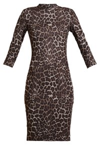 Kleid mit Leopardenmuster aus elastischem Stoff, mit hohem Kragen, drei Viertel Ärmeln und taillierter Silhouette. Überwiegend braun und beige.