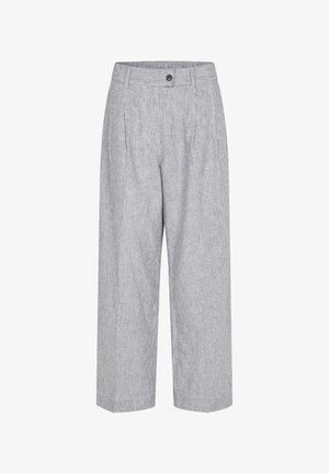 Pruhované kalhoty s širokým střihem v světle šedé a bílé barvě, s knoflíkovým zapínáním, plisováním a strukturovaným pasem pro upravený střih.