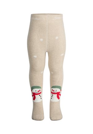 Beige Strumpfhosen aus Strick mit Schneemann-Mustern, die rote Schals und grüne Hüte tragen, verziert mit weißen Schneeflockenmuster über die gesamte Fläche.