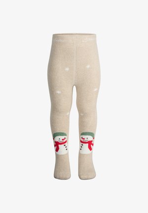 Beige Strumpfhosen aus Strick mit Schneemann-Mustern, die rote Schals und grüne Hüte tragen, verziert mit weißen Schneeflockenmuster über die gesamte Fläche.