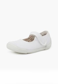 Ballerines en toile blanche avec une bande Velcro, semelle en caoutchouc et doublure intérieure à motif floral. Texture lisse, design à bout rond.