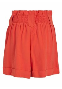 Pantalones cortos rojos tejidos con una cinturilla fruncida y dobladillo doble. La tela parece ligera y suave, con sutiles líneas verticales.