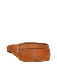 Hnědá kožená ledvinka s hladkým povrchem, se zipem hlavního prostoru a kontrastním stehem. Obsahuje malý kožený akcent na zipu.