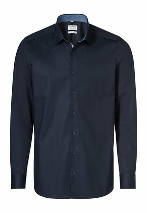 Chemise à manches longues bleu marine en coton lisse ; présente un col classique, un devant boutonné et des boutons sombres assortis.