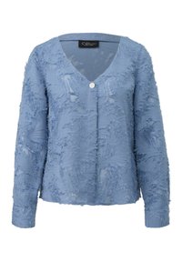 Blauwe gebreide cardigan met een V-hals en lange mouwen, voorzien van een centrale knoopsluiting en een zachte, gemêleerde stof.