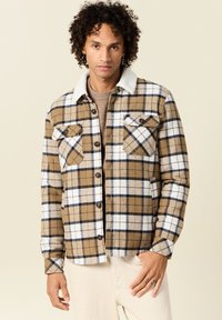 Giacca a camicia a quadri marrone e bianco con colletto in shearling, caratterizzata da chiusura con bottoni, due tasche sul petto e maniche lunghe.