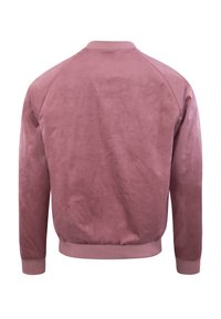 Giacca bomber rosa in velluto con collo rotondo, polsini a coste e orlo elastico; texture liscia e senza chiusure o motivi visibili.
