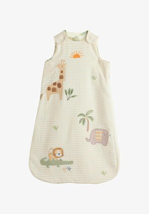 Baby-Schlafsack in Cremefarbe mit bestickten Motiven von Giraffe, Sonne, Palme, Elefant, Löwe und Krokodil.