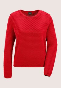 Roter Langarmpullover mit erhabener Punktstruktur sowie geripptem Saum und Bündchen und rundem Ausschnitt.