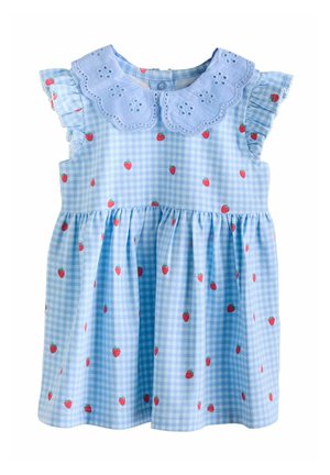 Blå ternet kjole med korte flæseærmer, broderet bølget krave og spredte røde jordbærmønstre over det hele.