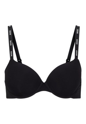 Black bra with molded cups and adjustable straps featuring "BOSS" logo along the strap. Smooth fabric with a seamless design.