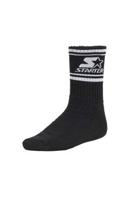 Schwarze Sportsocke mit weißen Streifen am Bund, versehen mit dem weißen "Starter"-Logo. Hergestellt aus einem gerippten Strickstoff mit glatter Textur.