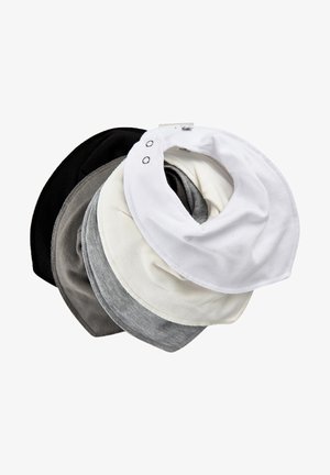 Set med fyra mjuka, bomulls halsgaiters i svart, grått, ljust grått och vitt, med en flexibel design och tryckknappar för säker justering.