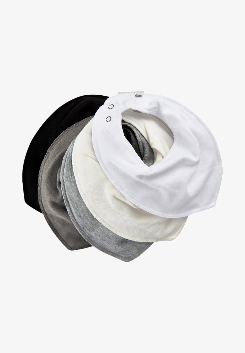 Set aus vier weichen, Baumwoll-Halsgaitern in Schwarz, Grau, Hellgrau und Weiß, mit einem flexiblen Design und Druckknöpfen zur sicheren Anpassung.