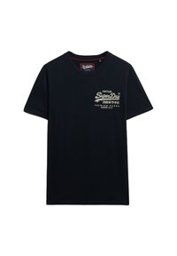 Zwart T-shirt met korte mouwen en ronde hals, met witte opdruk 'Vintage SuperDry Premium Goods' en Japanse tekst op de linkerborst.