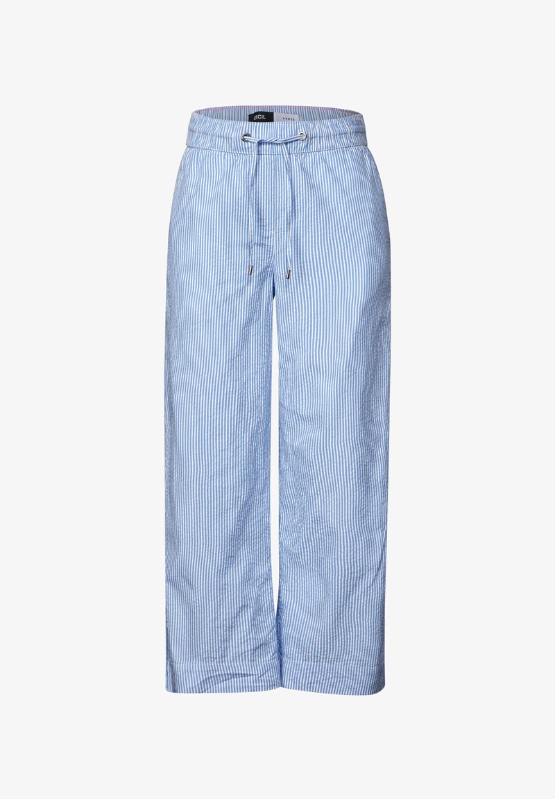 Lichtblauwe en witte gestreepte wijde broek met een elastische tailleband en trekkoord. Gemaakt van een zachte stof met een ademende textuur.